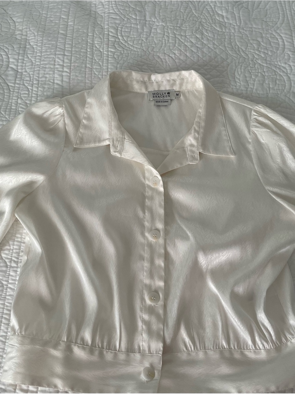 Molly Bracken Ivory Satin Button-Down Blouse with Puff Shoulders